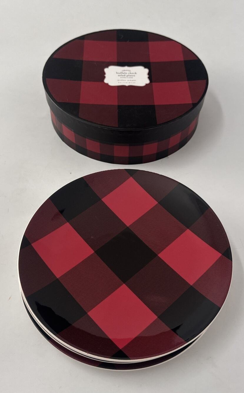 Set of 3 Pottery Barn Buffalo Plaid Check Red & Black Salad Plates